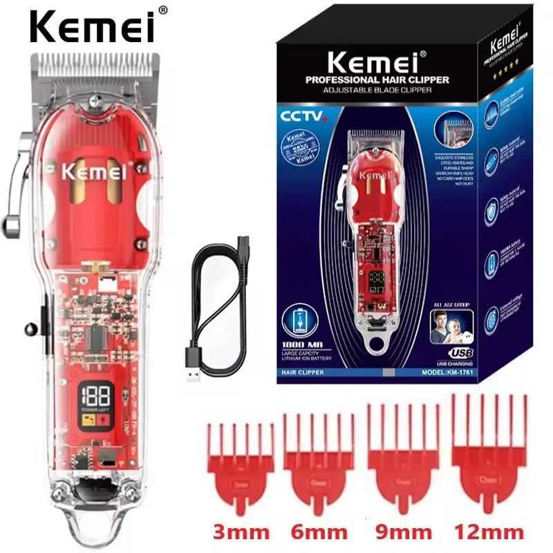 Kemei Rechargeable Hair Cutting Machine Barber Shop Fade Hair Clippers Cordless Trimmer Transparent Cover Red Base KM1761246 R250926