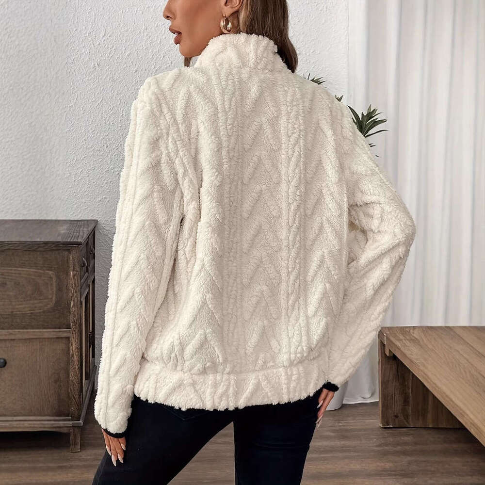 Cross-Border Autumn Winter New European American Lapel Small Fragrance Style Lamb Wool Short Sweatshirt S8070