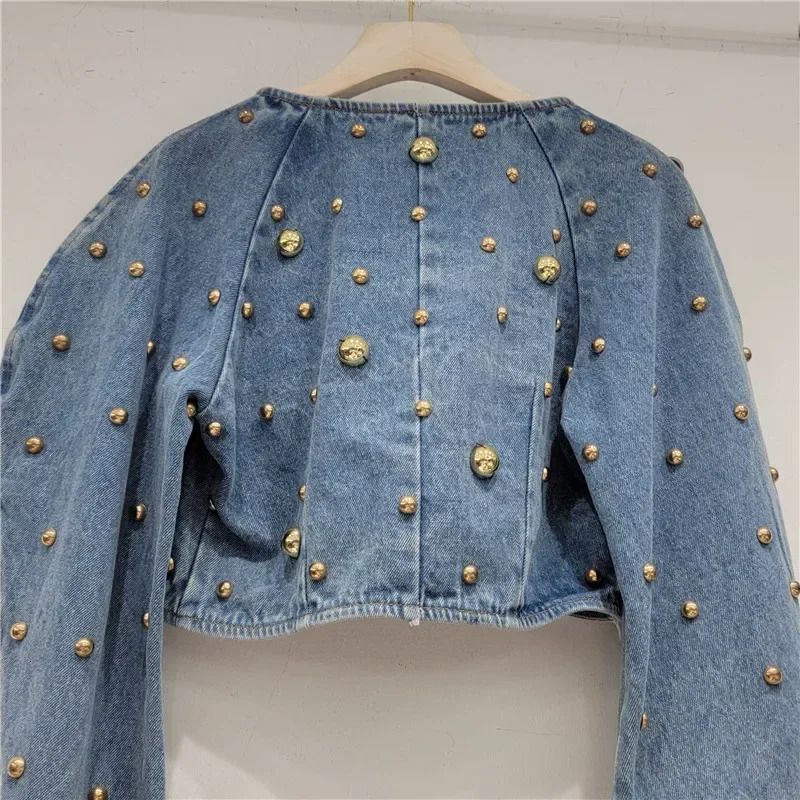 Spring Autumn Women Rivets Long Lantern Sleeve Denim Coat Short Pearls Beading Jeans Bomber Jacket Cowboy Cardigan Tops 250922
