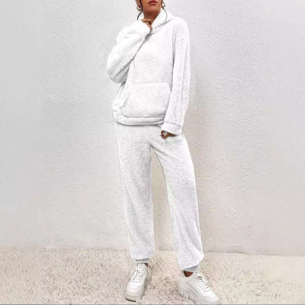 Cross-Border Autumn Winter New European and American Casual Women's Clothing Solid Color Plush Hooded Sleeve Long Pants Set for Women