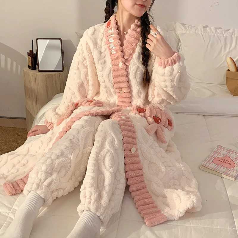 Girls Plus Size Robes With Pants Flannel Sleepwear Womens MidLength Home Clothes Flower Warm Style Autumn Winter Loungewear Z250925