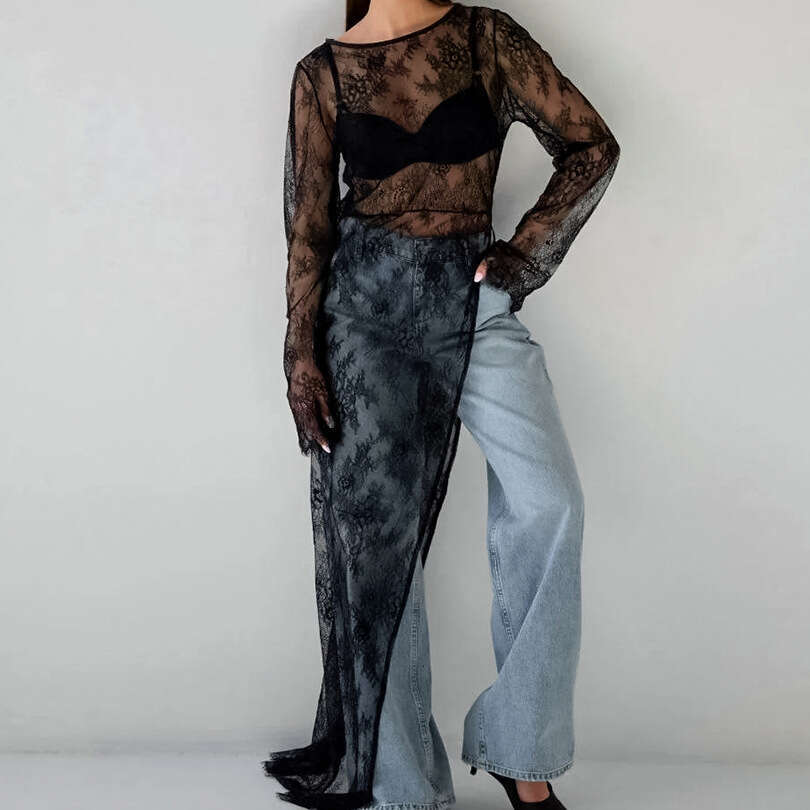 Black Sexy Sheer Brocade Lace Asymmetric Slit 2025 Autumn Fashion New Long Dress for Women