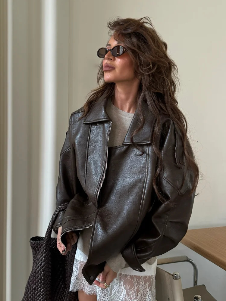 Chic Casual Brown Short Leather Jacket Fashion Solid Color Collar Zipper Pocket Loose Jackets Daily Commuting Street Outerwear 250922