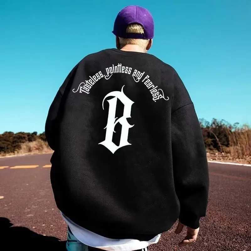 M8XL Autumn Men Oversized Sweatshirts Fashion Loose American Gothic Letter B Print Long Sleeve Plus Velvet Couple Clothes L250926