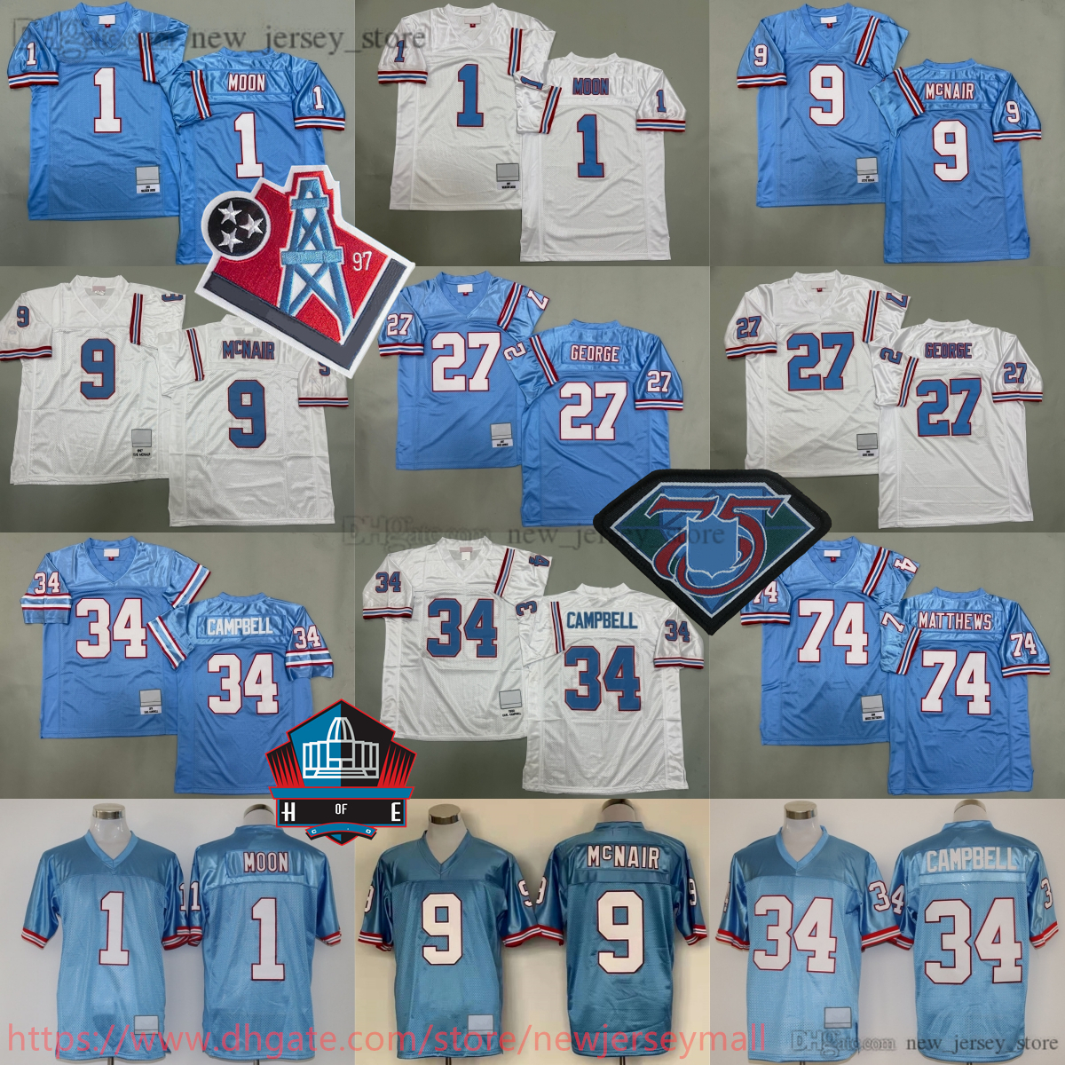 1997 Throwback Football 9 Steve McNair Jersey Retro Stitched 1 Warren Moon 34 Earl Campbell 27 Eddie George 74 Bruce Matthews Jerseys Vintage Breathable Sport