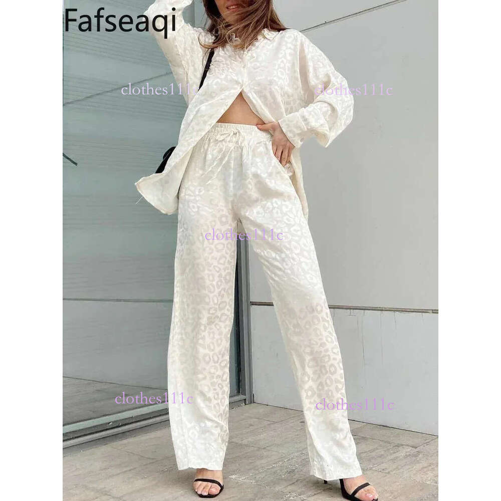 White Satin Wide Leg Trousers Suit For Women Spring Office Leopard Print Two-Piece Set Home Tracksuit Womens Pamas Sets 240415