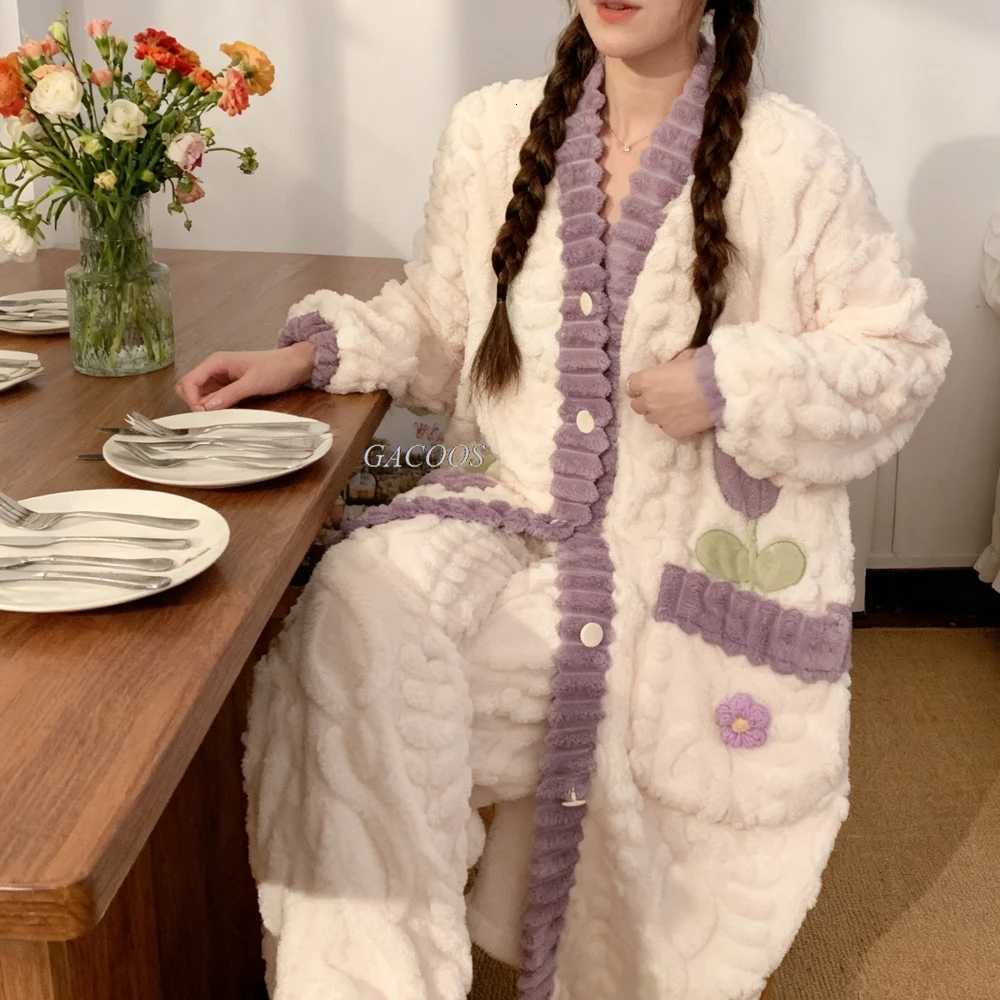 Girls Plus Size Robes With Pants Flannel Sleepwear Womens MidLength Home Clothes Flower Warm Style Autumn Winter Loungewear Z250925