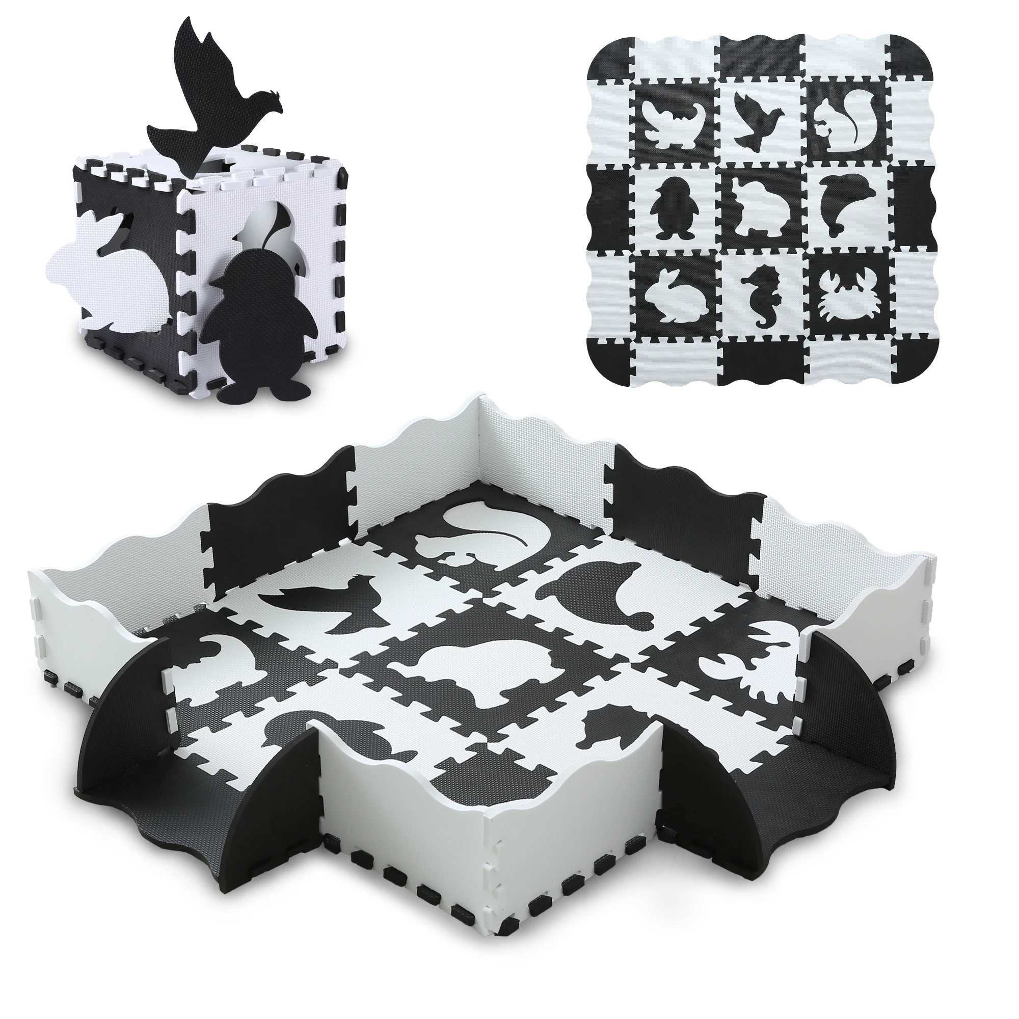 25Pcsset Square Interlocking Puzzle Floor Mat Black and White Animals Foam Play Mat with Fence for Kids C250926
