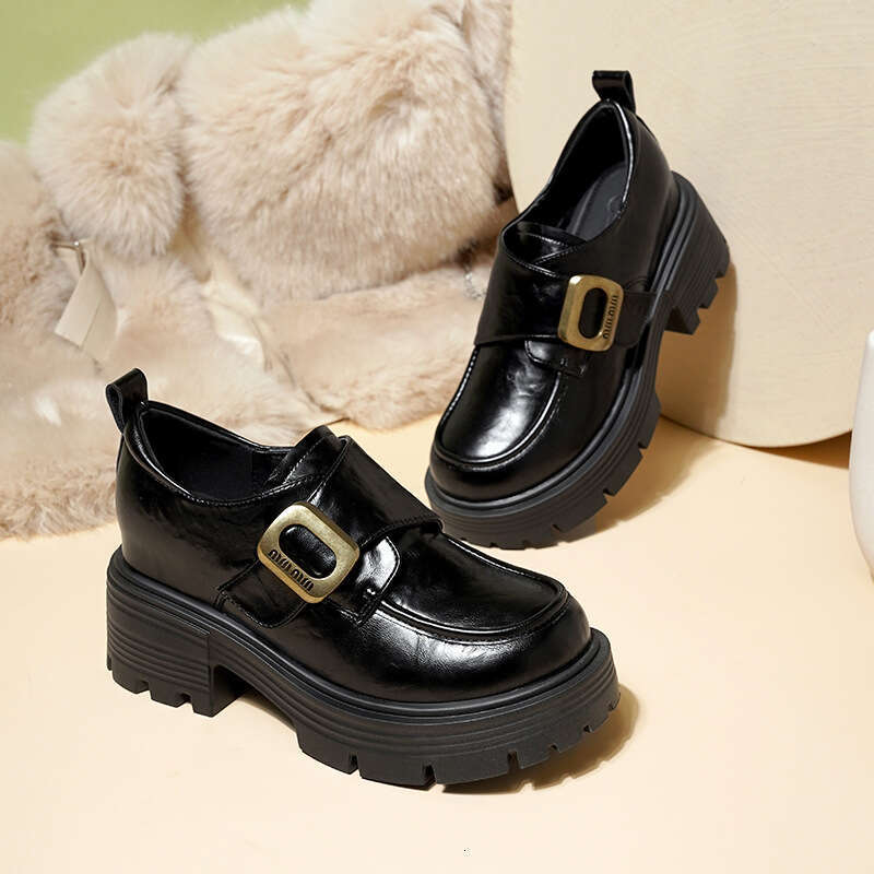 Hidden Wedge 8cm Loafers 024 New British Style Thick Sole Designer Shoe Slip-On Women's Leather Shoes for Petite Women in Autumn Black