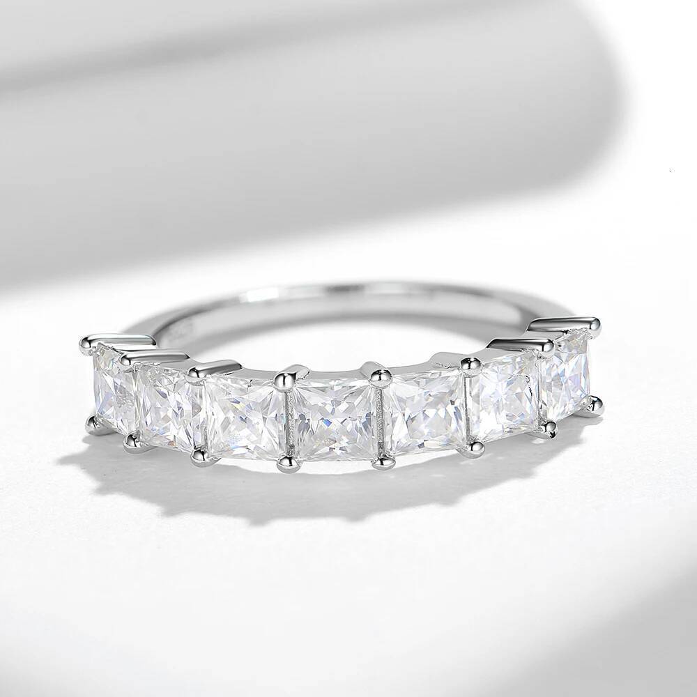 35mm Princess Cut Moissanite Diamond Ring for Women Square Shape Half Eternity Band 925 Sterling Silver Bridal Wedding Ring