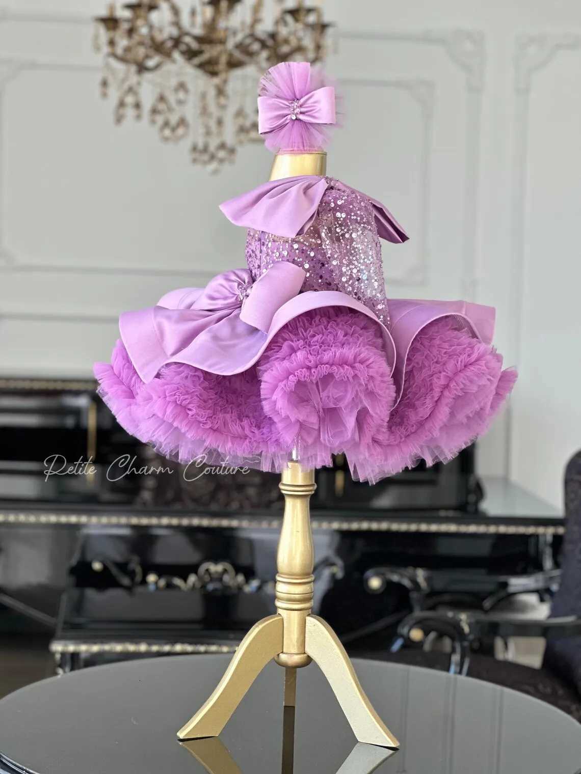 Puffy Short Glitter One Shoulder Toddler Birthday Party Dresses Lavender Tulle Bow First Pageant Princess Flower Girl Dresses Z250926