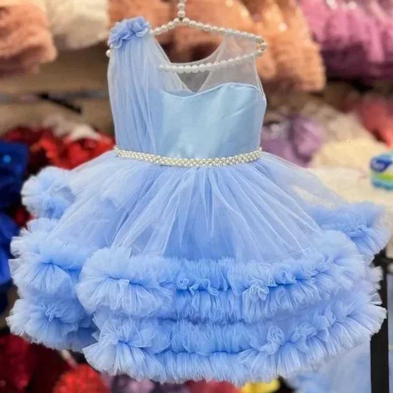 Princess Flower Girl Dress Blue Tulle Puffy Tiered Pearls Belt Sleeveless For Wedding Birthday Party Banquet Princess Gowns Z250926