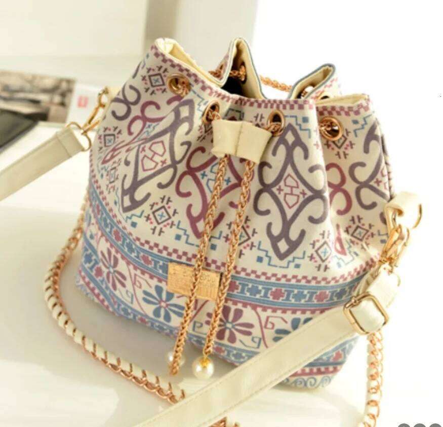 Fashion Casual Women's Pearl Pendant Drawstring Chain Shoulder Ethnic Style Bucket Drawer Bag