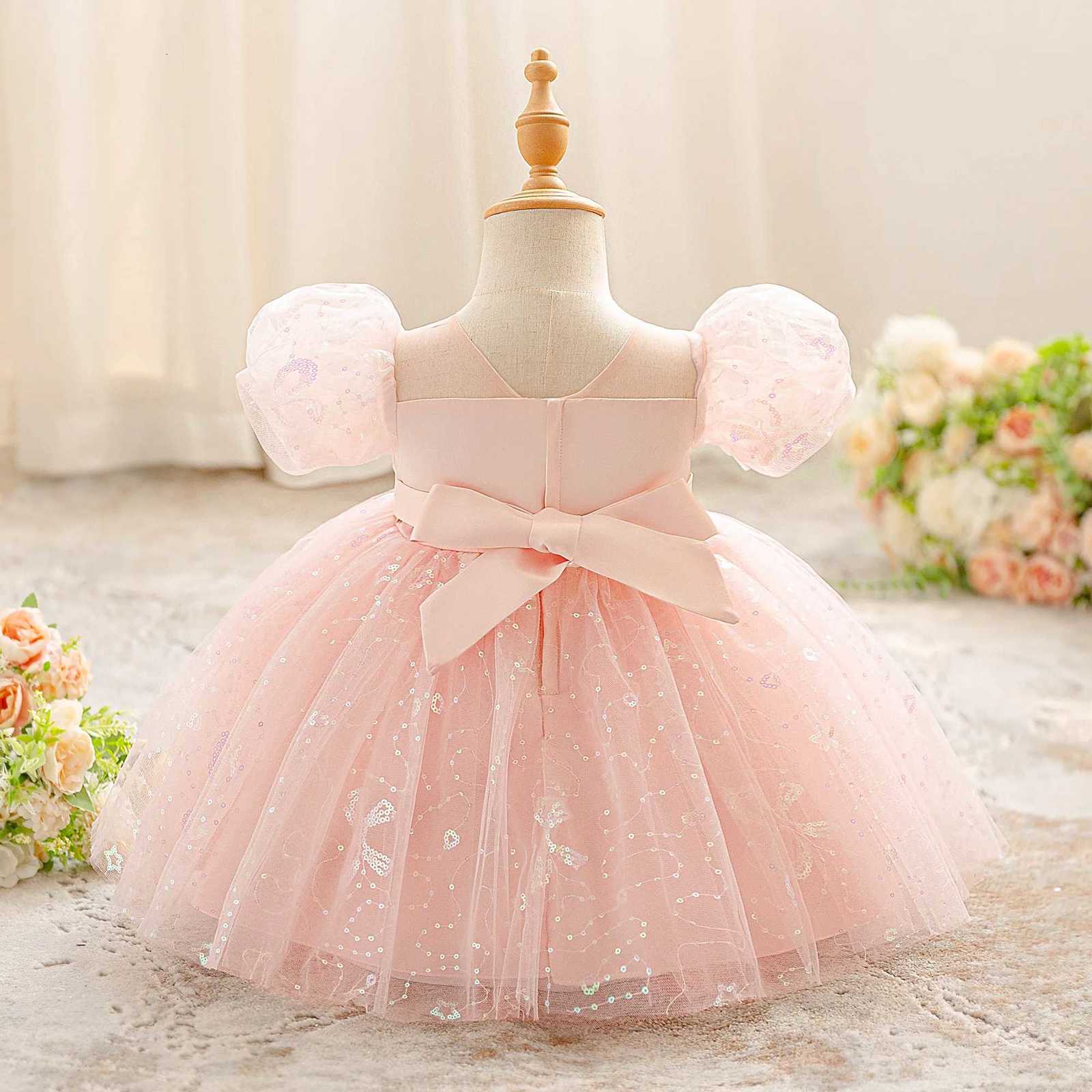 Elegant Sequin Party Baby Girl Dress Toddler Tulle 1st Birthday Princess Dresses for Kids Pink Bow Wedding Bridesmaids Prom Gown Z250926