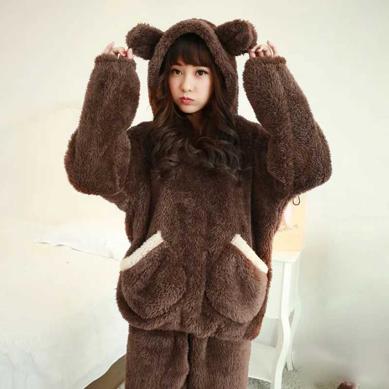 Thickened Warm Autumn Winter Women Cartoon Plush Hooded Bear Sleepwear Ladies Flannel Homewear Set Solid Nightwear Loungewear Z250925