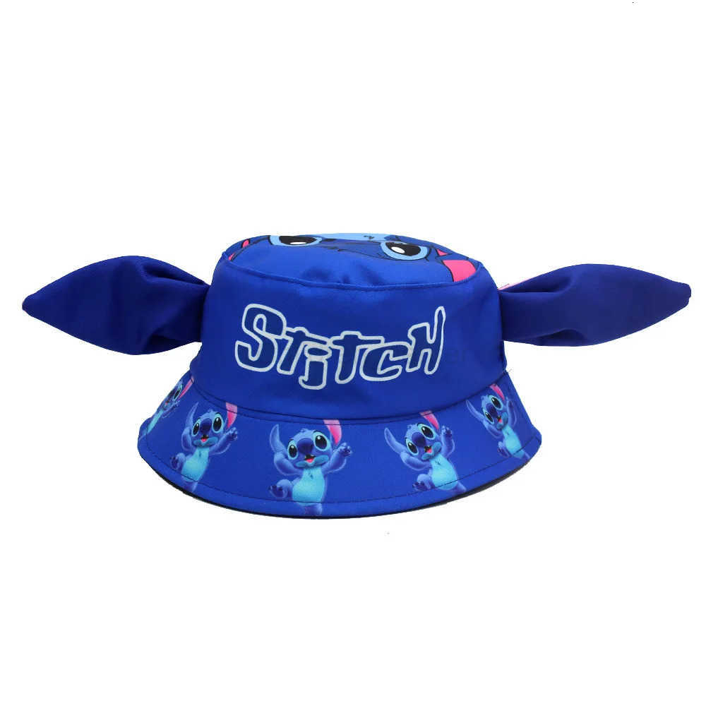 Disney Cute Stitch Pattern Kids Blue Bucket Hat Lightweight Sun Hat with Pink Large Ears Cartoon Outdoor Fisherman Cap for Boys Girls H250926
