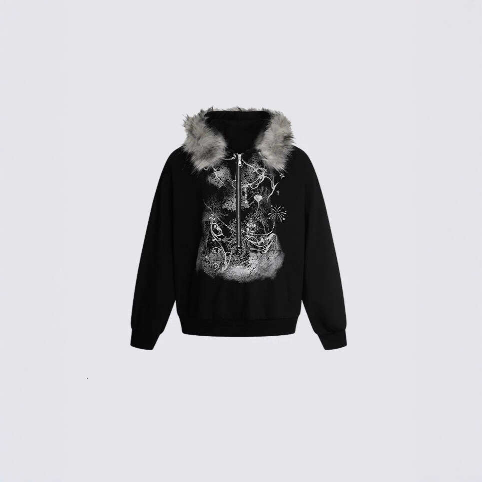 New Dark Striped Pattern Printed Fur Collar Hot Girl Trendy Zipper Cardigan Sweatshirt