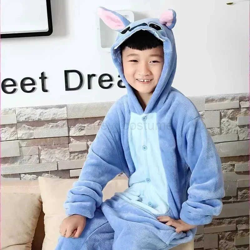Disney Cartoon Lilo Stitch OnePiece Pajamas Children Plush Kigurumi Onesies Winter Warm Clothes Boys Girls Christmas Gift H250926