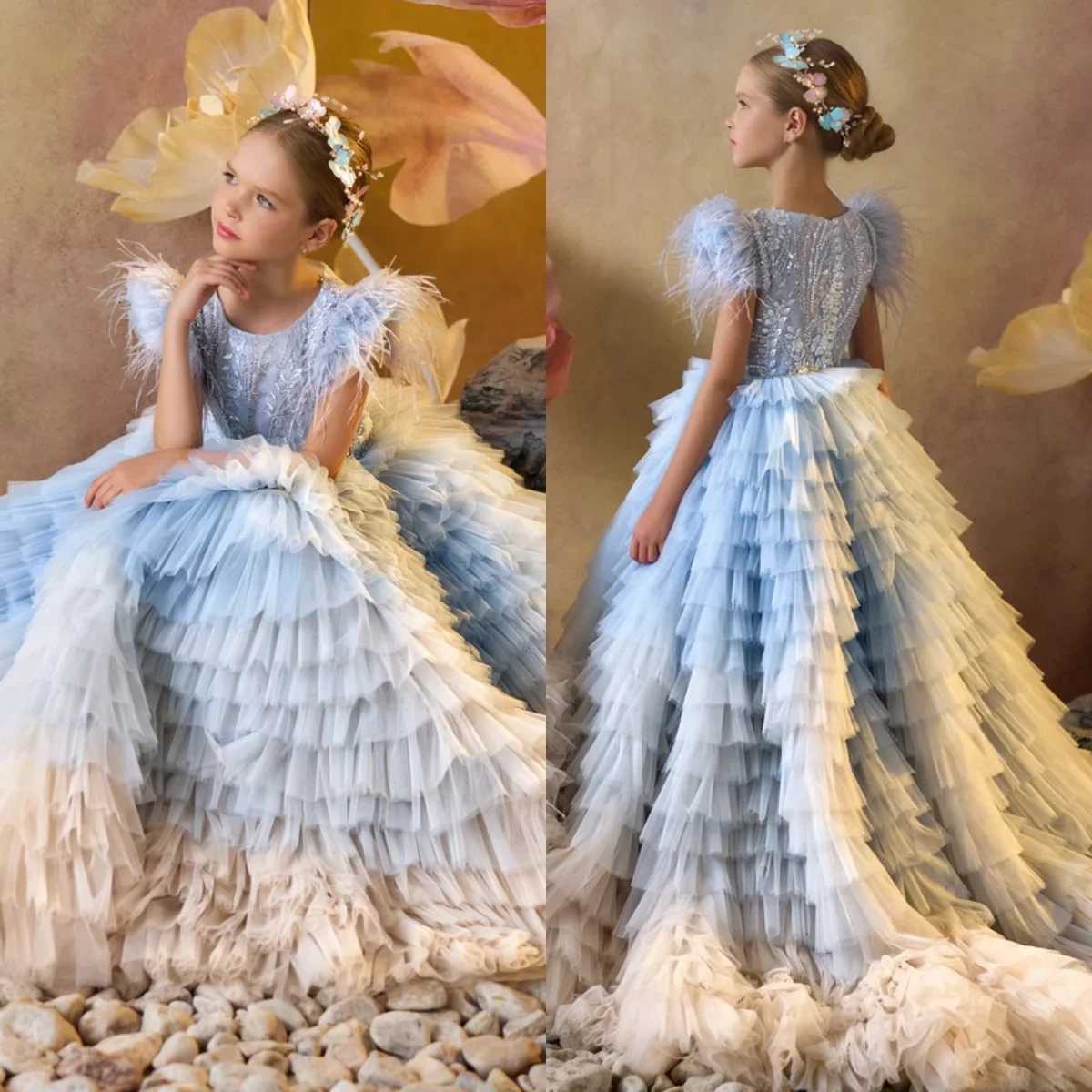 Customized Sky Blue Flower Girl Dresses For Wedding Tiered Appliques Feather Gorgeous Child Formal Events Evening Party Gown Z250926