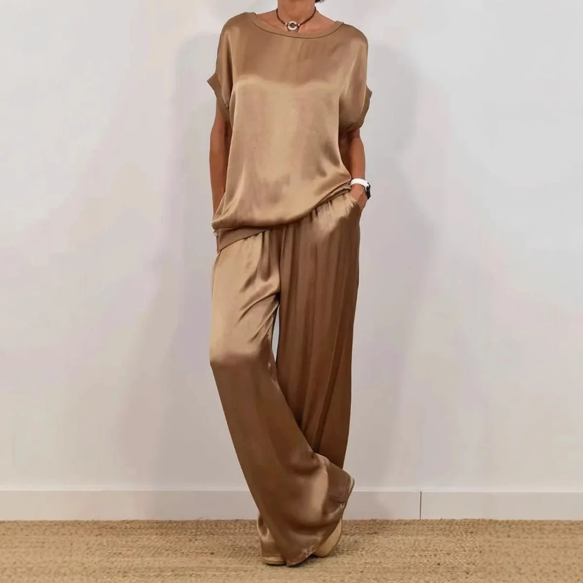 Casual Loose Satin T Shirt Pants Two Piece Set Fashion Oneck Short Sleeve Shirts Suit Spring Summer Wide Leg Pant Sets 250906