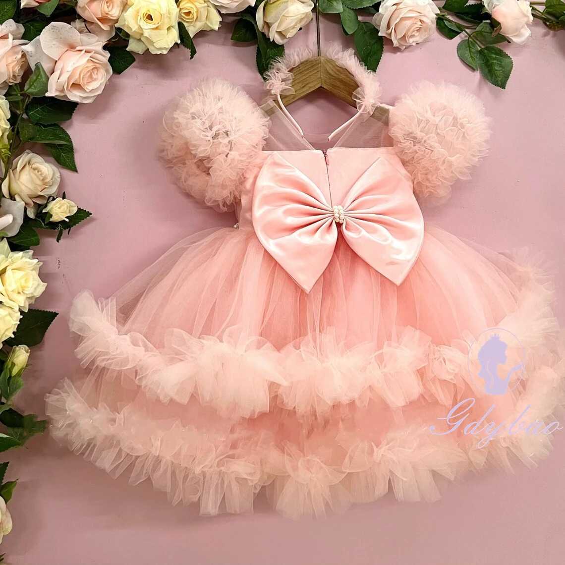 Customized Red Flower Girl Dress For Wedding Puffy Tulle Short Style Mini Kids Birthday Party Baby First Communion Ball Gown Z250926
