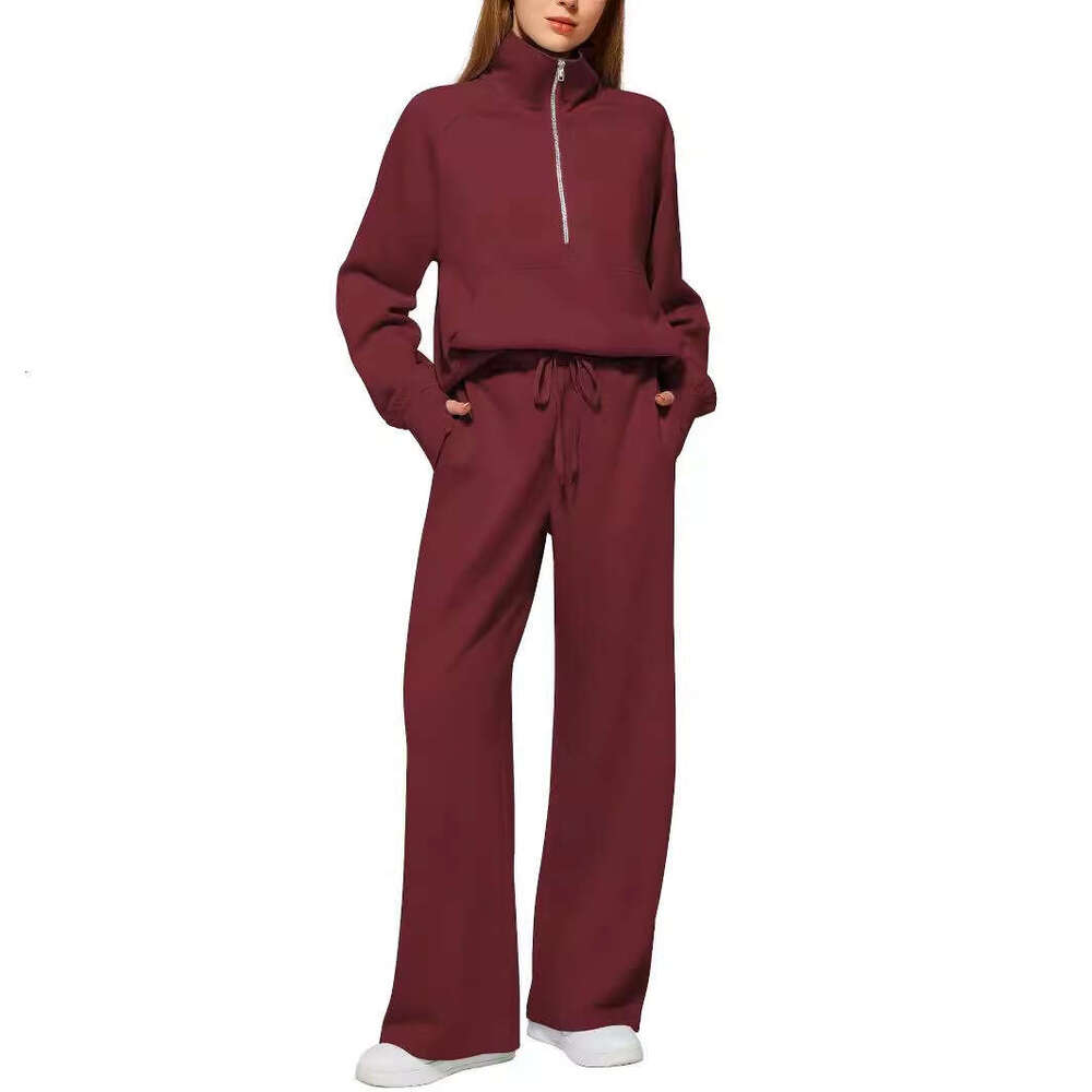 2025 European and American Style Women's Two-Piece Oversized Half-Zip Sweatshirt Wide-Leg Sweatpants Casual Set