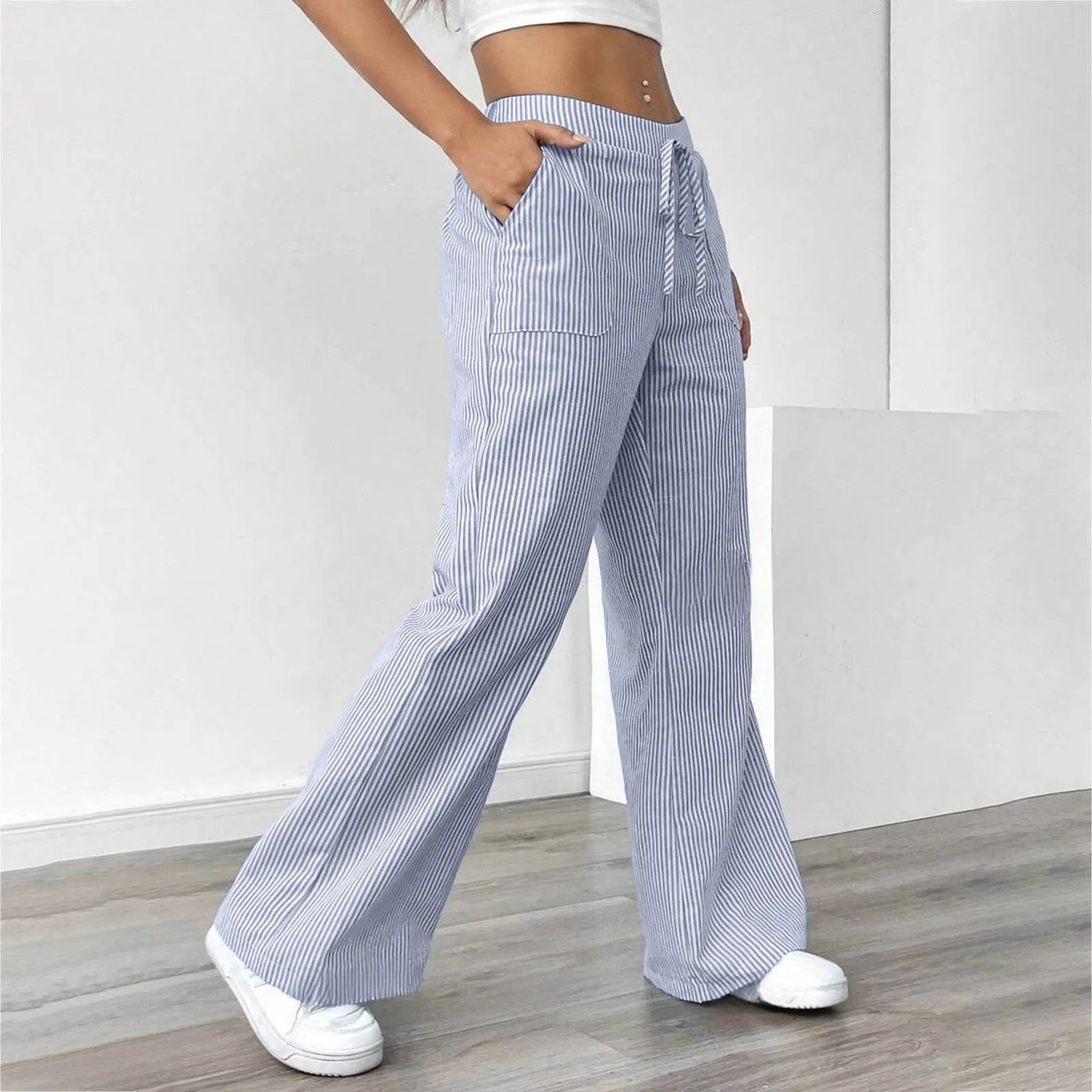womens fashion Linen Straight Pants Drawstring Elastic high Waist Wide Leg Pants Vertical stripes print Trousers With Pockets250922