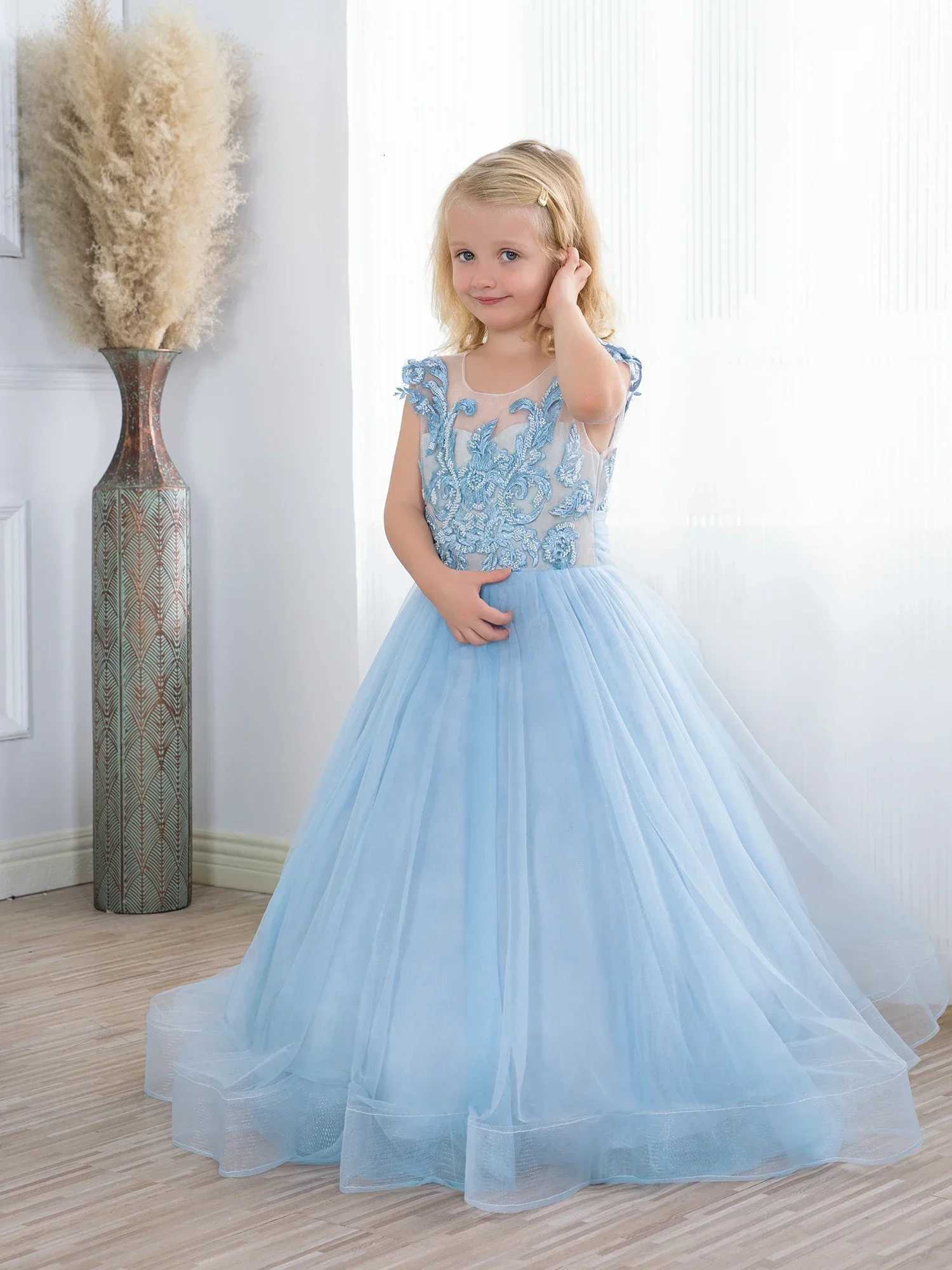 Light Blue Flower Girl Dress Beading Stons Corest Junior Bridesmaid Ball Gown for First Communion Birthday Dresses Z250926