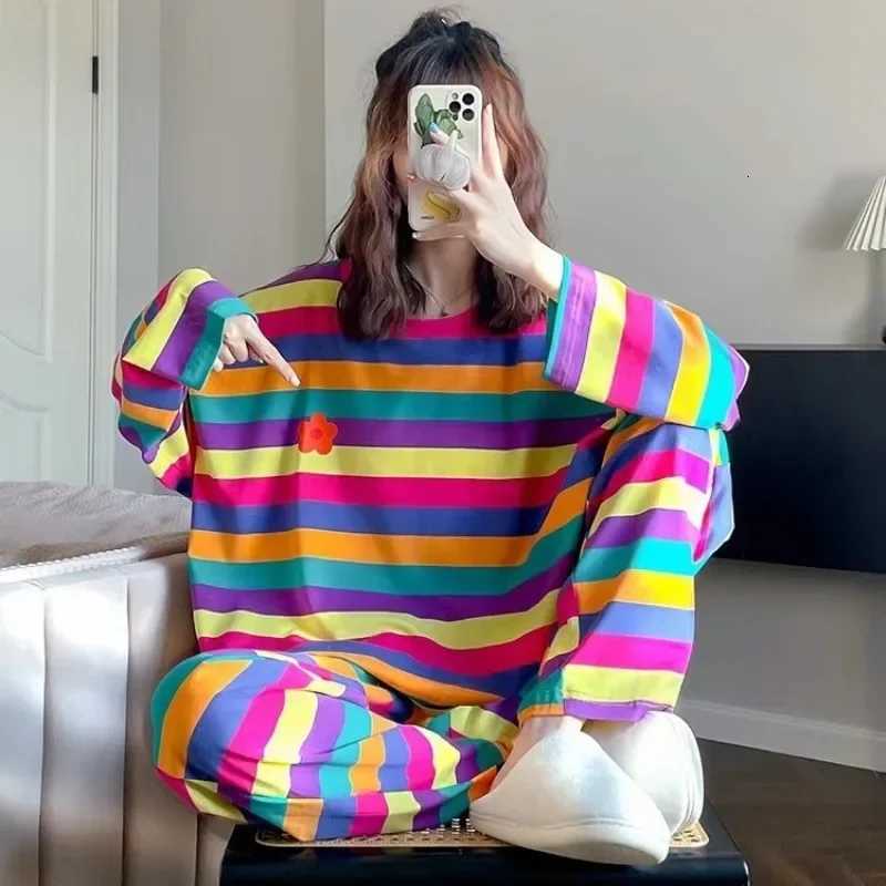 100KG Plus Size Korean Long Sleeved Pajamas Set Women Autumn Student Girls Rainbow Loungewear Can Be Worn Outside Loose Clothes Z250925