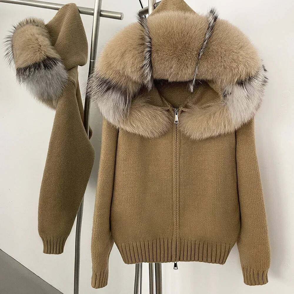 Cardigan Natural Fox Coat Women Real Mongolian Knitwear Female Spring Autumn Hooded Knitted Fur Jacket