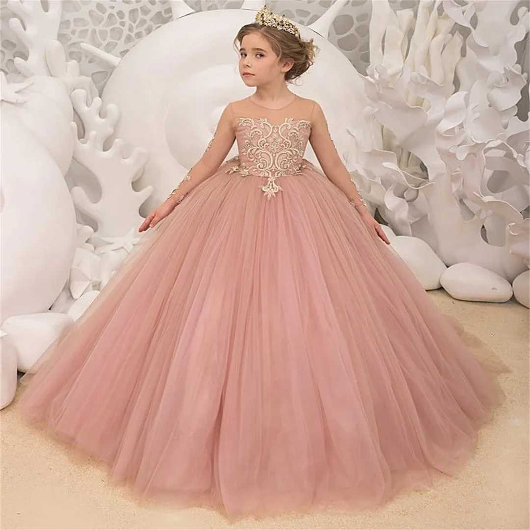 Lace Applique Girls Pageant Dress Tulle Long Sleeves Flower Girl Dress Sccop Tulle Princess Brithday Gowns Long Ball Gown Girl D Z250926