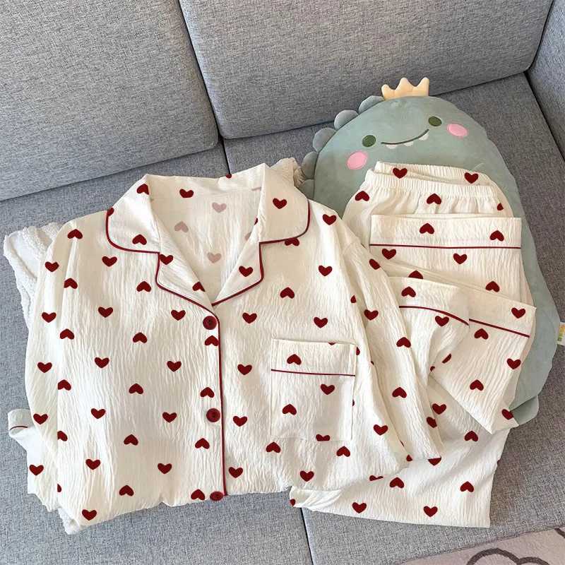 Spring and Autumn New Womens Pajamas Loungewear Set Girl Love Cardigan Pajamas Crinkled Fabric Loungewear Long Sleeve Set Z250925
