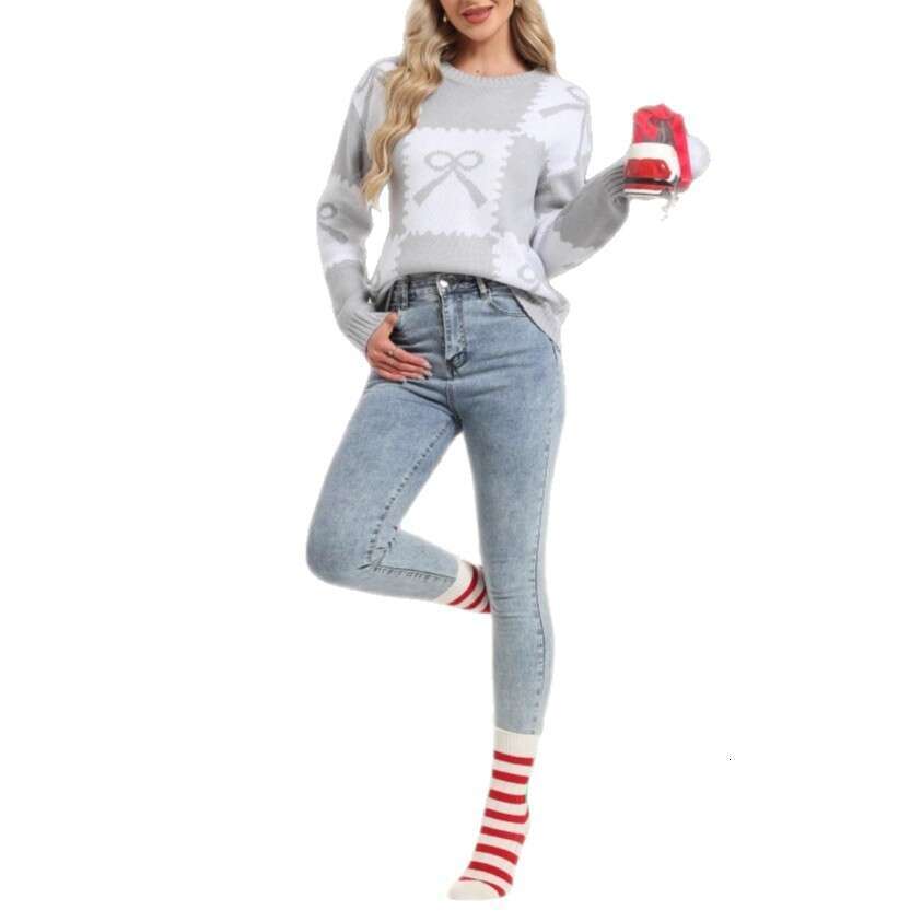 Autumn Winter New Christmas Women's Loose Knitted Sweater Checkered Bow Color-Block Pullover Top