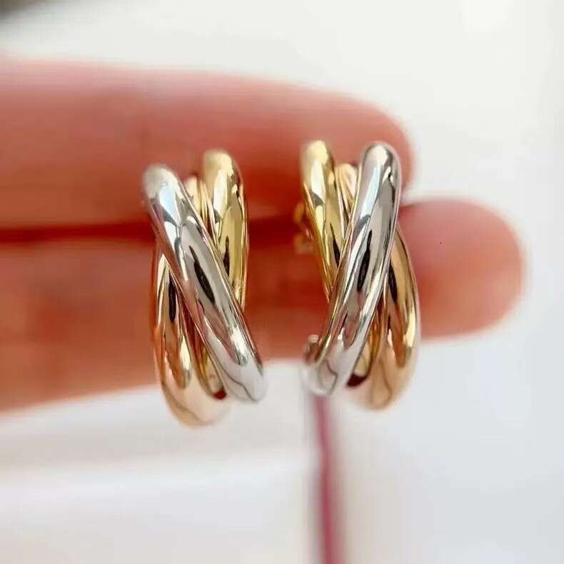 New Three-ring Three-color Earrings Glossy Pure Copper Gold-plated Hoop Small Lobe Couple Ear Stud Jewelry