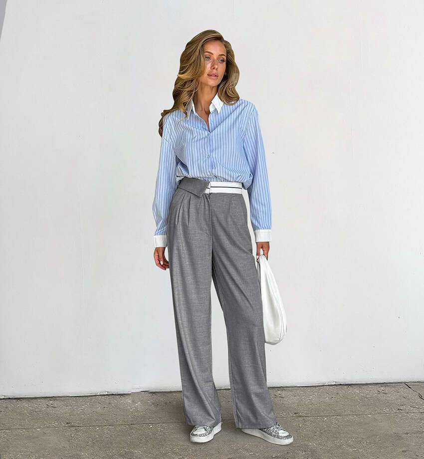 Design Sense Color-Block Gray Casual Suit Pants for Women Autumn Deconstructed Straight-Leg Trousers 2025 Women's Fashion