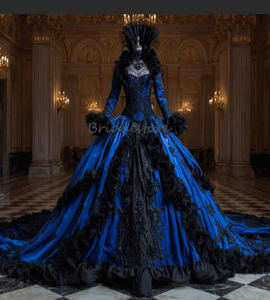 Gorgeous Blue Victorian Wedding Dress Bustle Romantic Steampunk Gothic Bridal Gowns Long Sleeve Medieval Bride Dress 2025 Vestidos De Novias