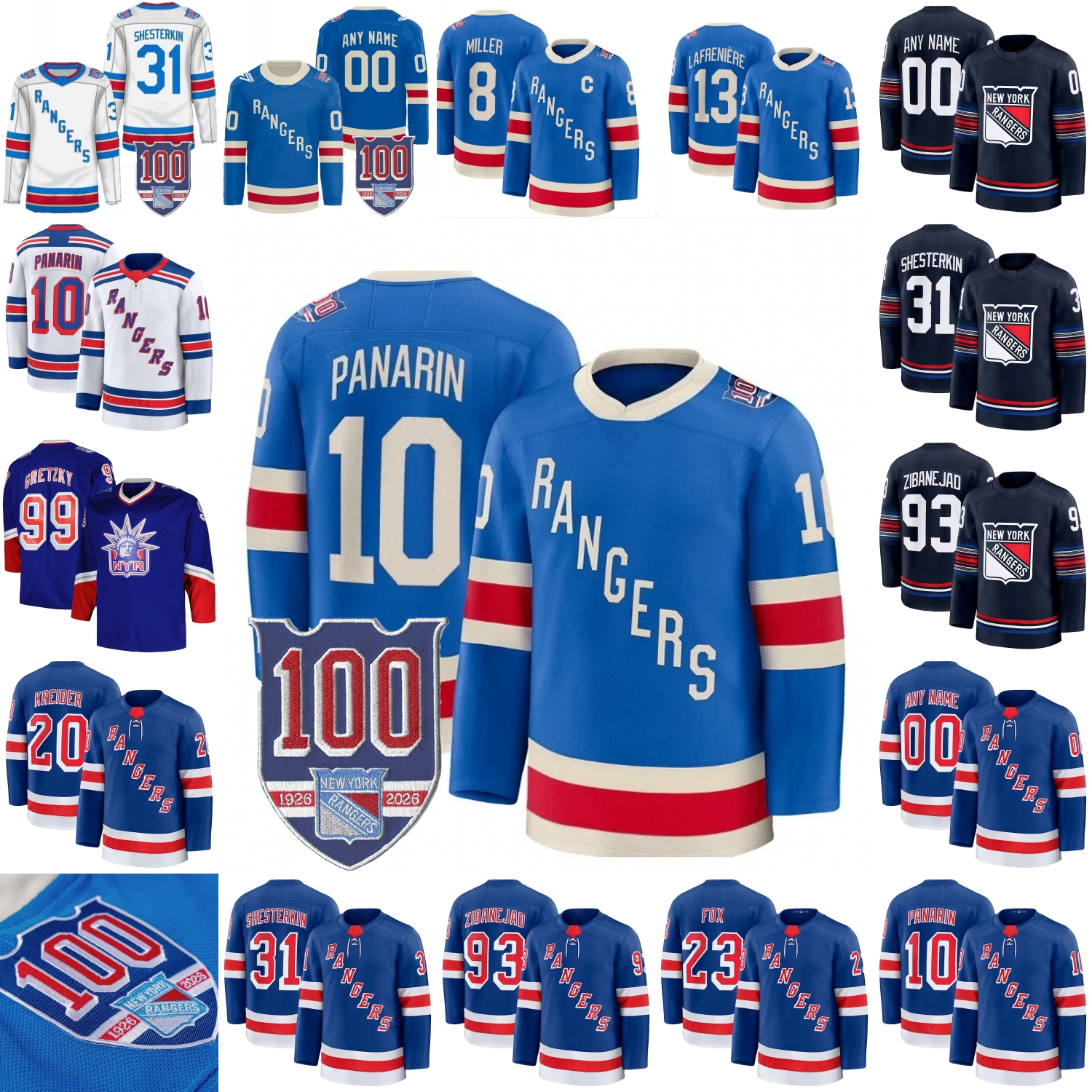 NY Ranger Jersey Hockey Adam Fox Artemi Panarin Igor Shesterkin J.T. Miller Vincent Trocheck Lafreniere Leetch Messier Jagr Lundqvist Richter Gretzky Gavrikov