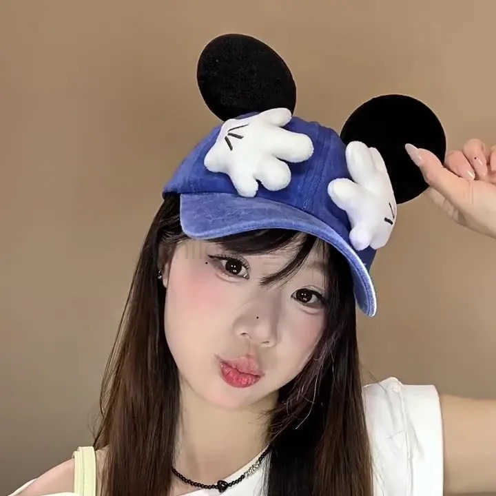 Disney cartoon cute Mickey Mouse ears hand cover face baseball cap casual fashion outdoor sports sunshade cap girl gift H250926