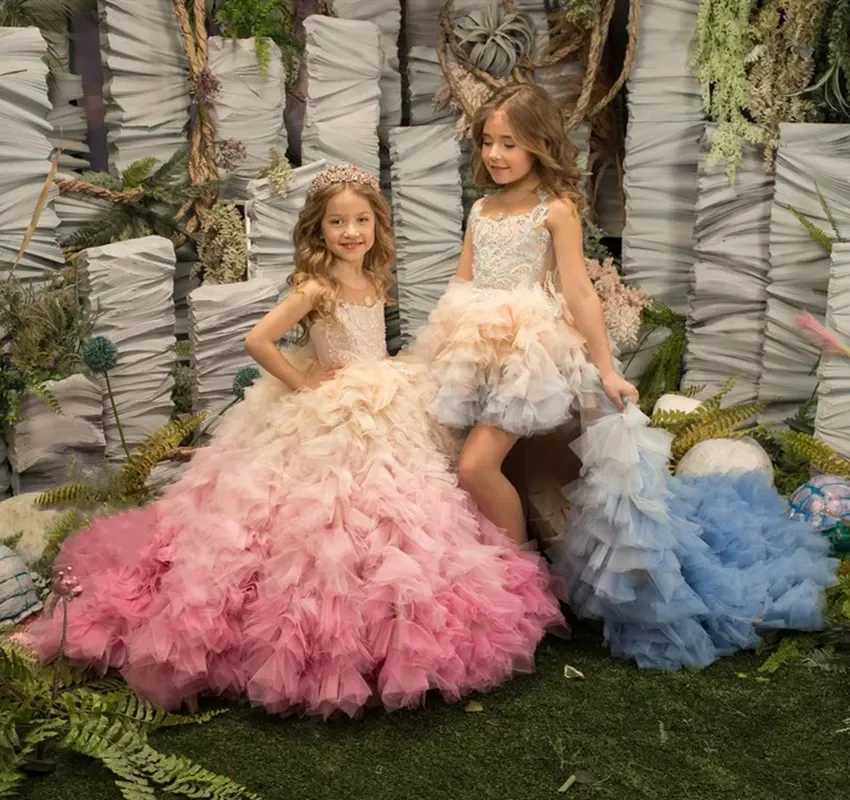 Tiered Tulle Flower Girl Dresses For Wedding With Detachable Train High Low Toddler Girls Pageant Dress Kids Party Ball Gown Z250926