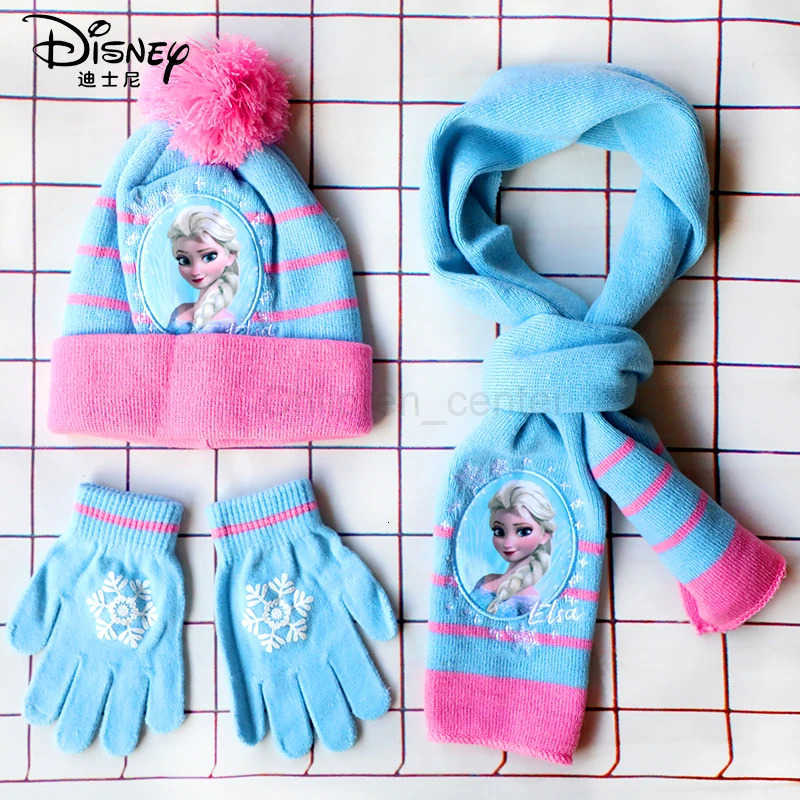 Disney 3pcsset 48Years childrens hat Elsa princess Cartoon hat scarf gloves hat knitted sets girl cap keep warm girls headgear H250926