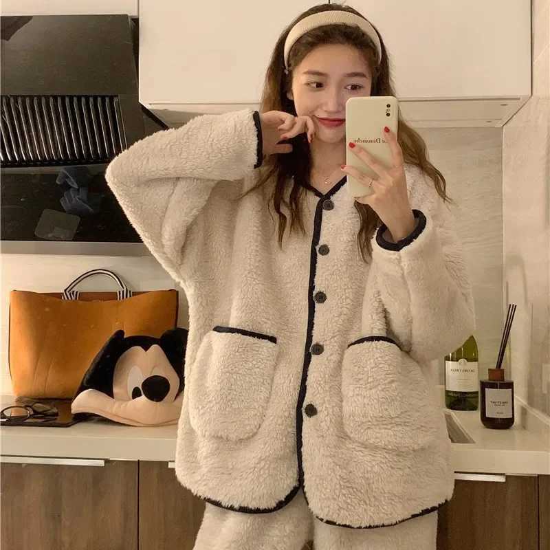 2024 New Coral Fleece Atmosphere Home Tweed Style Winter Thickened Simple Sleepwear Suit Home Clothes For Men And Women Z250925