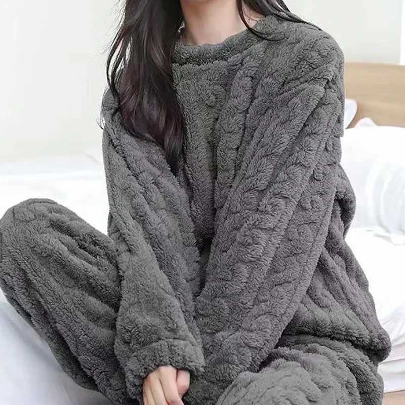 2 Piece Sets Autumn Women Solid Warm Thicken Velvet Ribbed Fleece Set Pullover and Pants Women Casual Pajama Sets Z250925