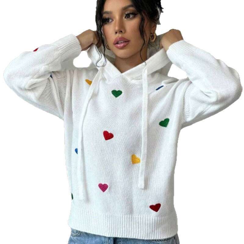 Autumn and Winter Women's Sweater Fashion Colorful Heart Jacquard Hooded Long Sleeve Knitwear