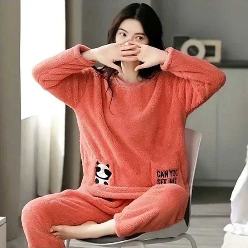 Warm Sleepwear for Winterthickened Warm Flannel Pajamas Student Long Sleeve Cartoon Ladies Loungewear Setpajamas Woman Offer Z250925