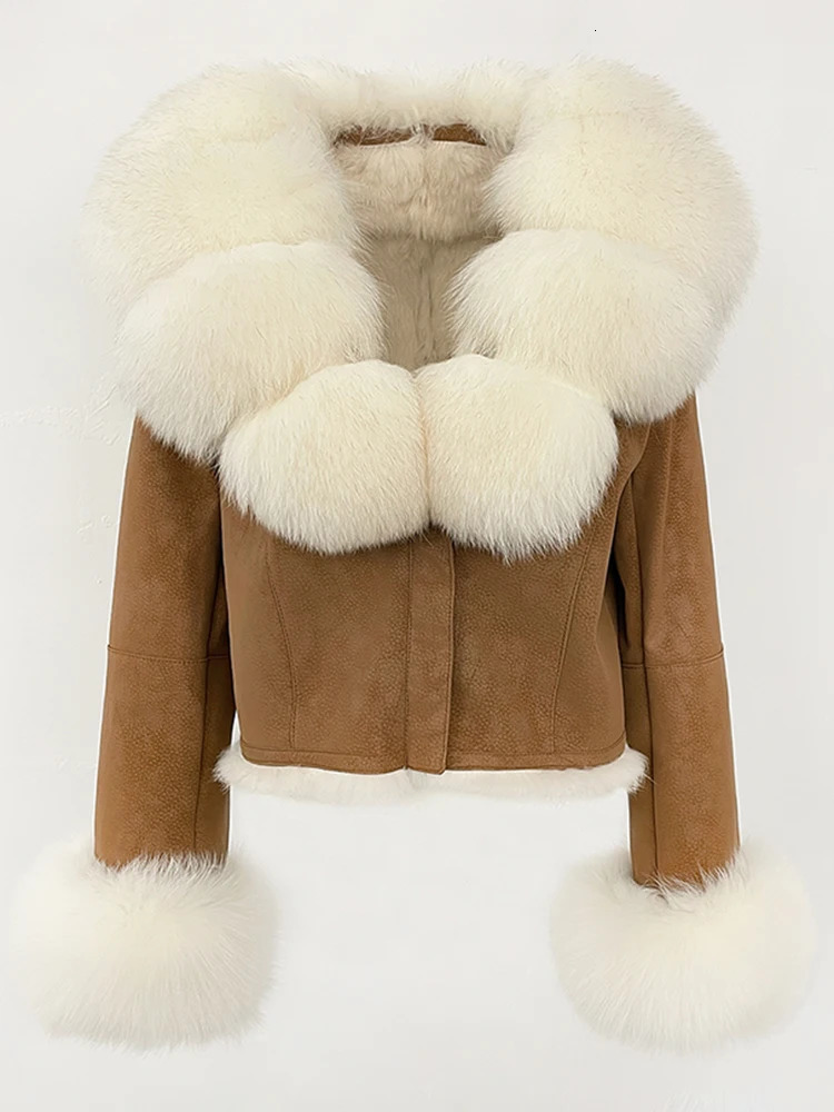 OFTBUY Fashion Short Autumn Winter Fur Clothing Real Rabbit Fur Liner Suede Jacket Women Natural Fox Fur Collar Coat Female 250917
