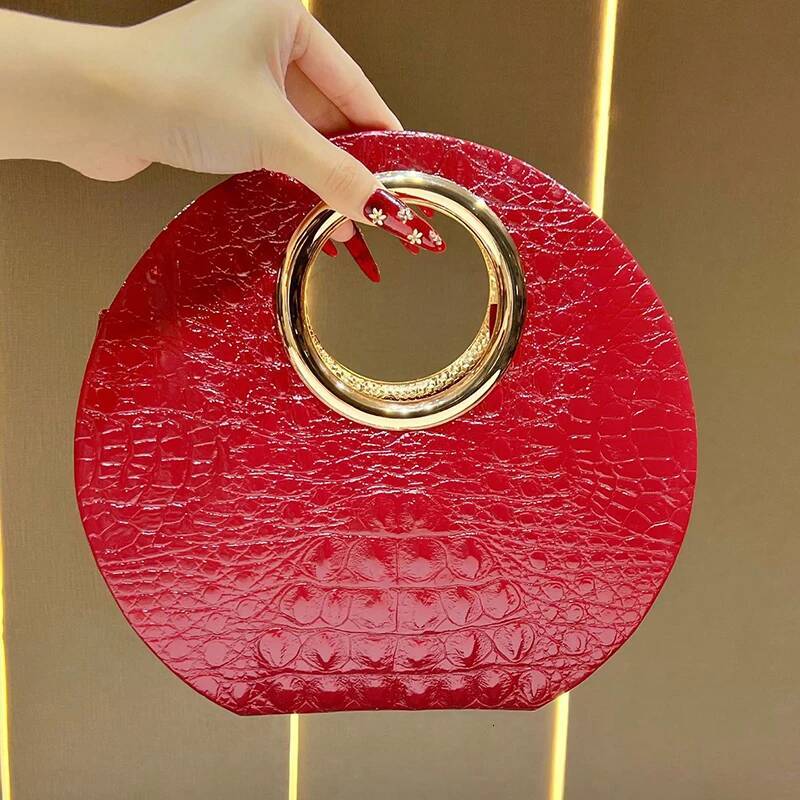 Women's Elegant Crocodile Pattern Round Black Handbag Chain Shoulder Crossbody Patent Leather Top Handle Bag high-quality