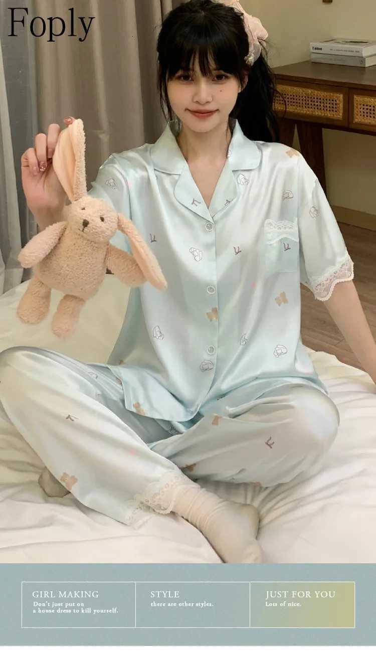 Cartoon Print Women Pajamas Set Spring Summer 2 Piece Pyjama Satin Silk Sleepwear Shortsleeve Top Pants Pijama Pjs Loungewear Z250925
