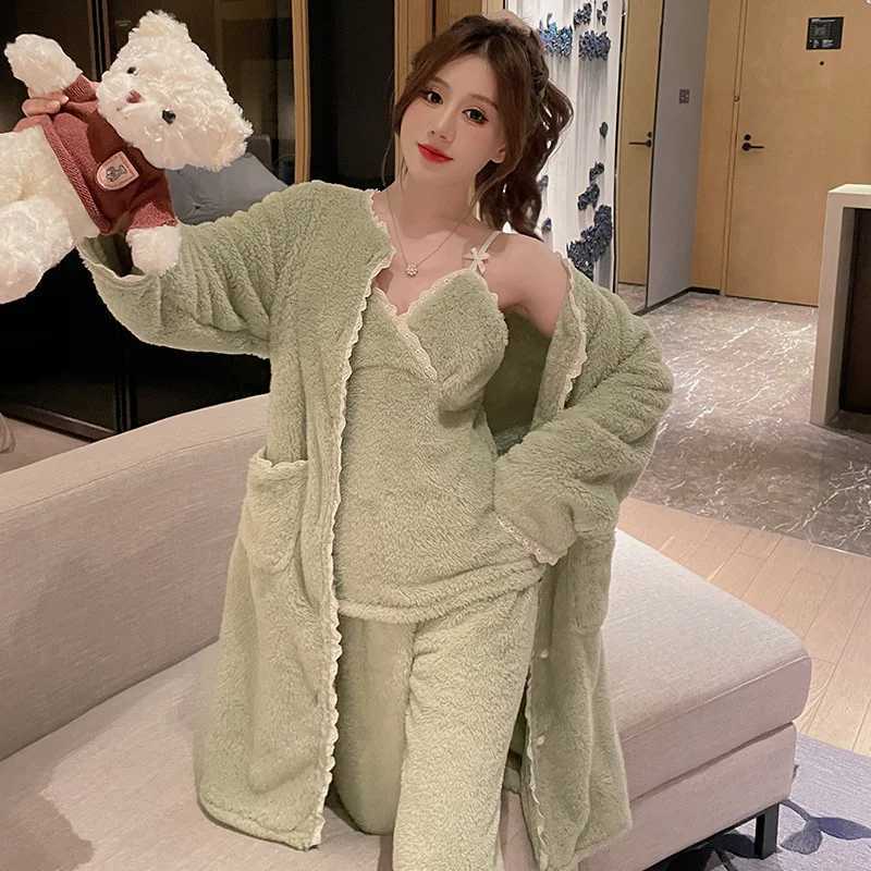 Winter Warm Coral Fleece 3PCS Pajamas Set Women Flannel Long Sleeve Top Trouser Sleep Suit Casual Home Clothes Z250925