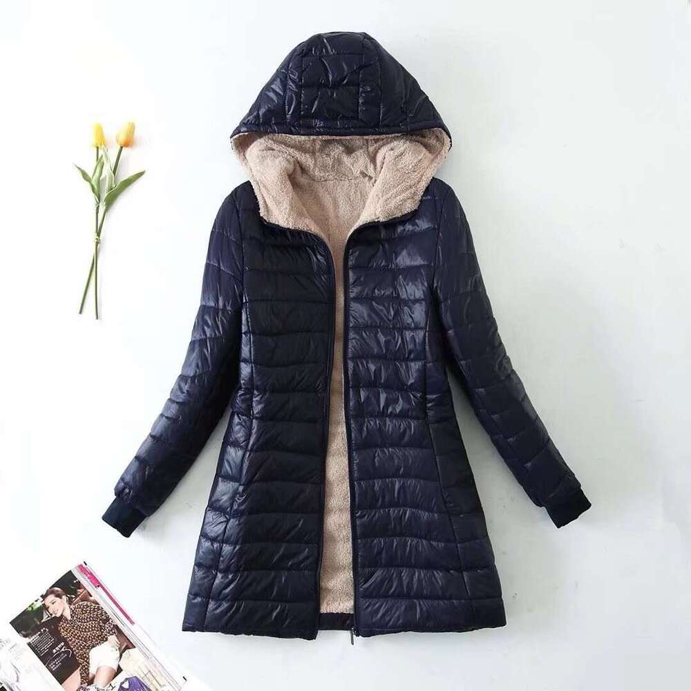 Autumn Winter New Fleece-Lined Hooded Jacket for Women, European and American Style, Student Lamb Wool Coat, Mid-Length Cotton Jacket, Small Trendy Co