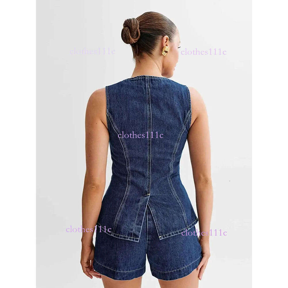 Denim 2 Pieces Sets Women Fashion Slim O-Neck Sleeveless Single Breasted Vest Wide Leg Shorts Summer Y2k Lady Outfit 240614